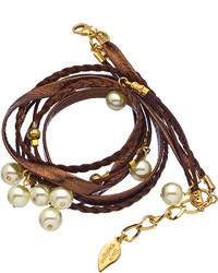 Sara Designs Gold Pearl And Brown Leather Wrap Bracelet