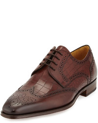 Magnanni For Neiman Marcus Guodi Crocodile Embossed Wing Tip Oxford Mid Brown