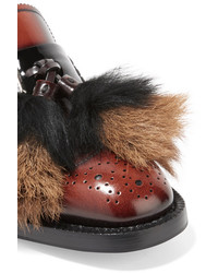 Prada Shearling And Goat Hair Trimmed Burnished Leather Brogues Brown