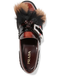 Prada Shearling And Goat Hair Trimmed Burnished Leather Brogues Brown