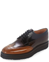 Prada Tricolor Leather Wing Tip Derby Shoe Brown