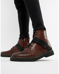ASOS DESIGN Lace Up Boots In Burgundy Leather With Chunky Sole And Strap Detail