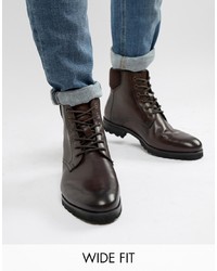 Dune Wide Fit Lace Up Boots In Brown Leather