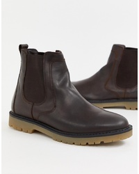 Pull&Bear Leather Chelsea Boot With Chunky Sole In Brown