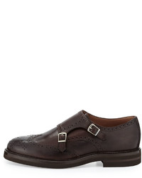 Brunello Cucinelli Leather Monk Strap Wing Tip Loafer Brown