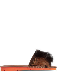 Prada Goat Hair Trimmed Leather Slides Brown