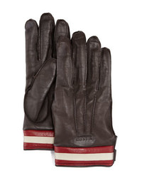 Bally Leather Gloves With Striped Trim Chocolate