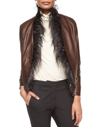 Brunello Cucinelli Feather Trimmed Leather Tux Jacket Brown