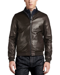 Salvatore Ferragamo Reversible Sheepskin Leather To Nylon Blouson Jacket Chocolatenavy