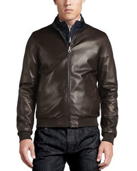 Salvatore Ferragamo Reversible Sheepskin Leather To Nylon Blouson Jacket Chocolatenavy