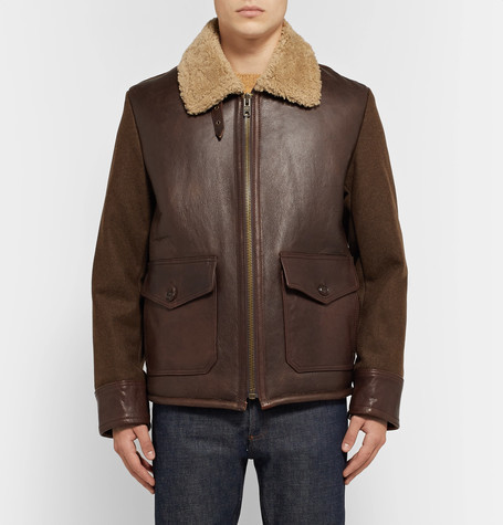 Schott Type N 5a Shearling Trimmed Leather And Wool Blend Jacket