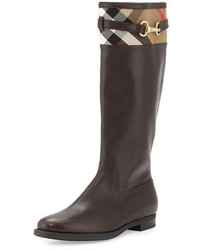 Burberry Dougal Check Trim Leather Knee Boot Chestnut