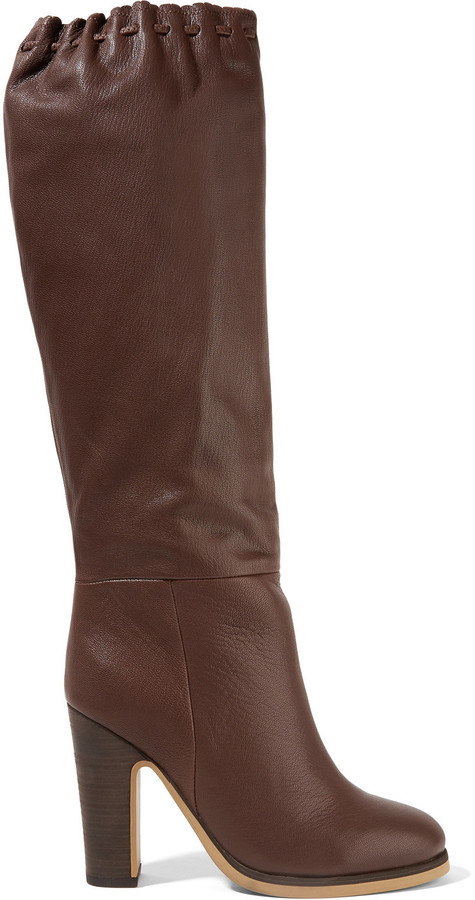 See by Chloe See By Chlo Scalloped Textured Leather Knee Boots Chocolate 560 NET A PORTER.COM Lookastic