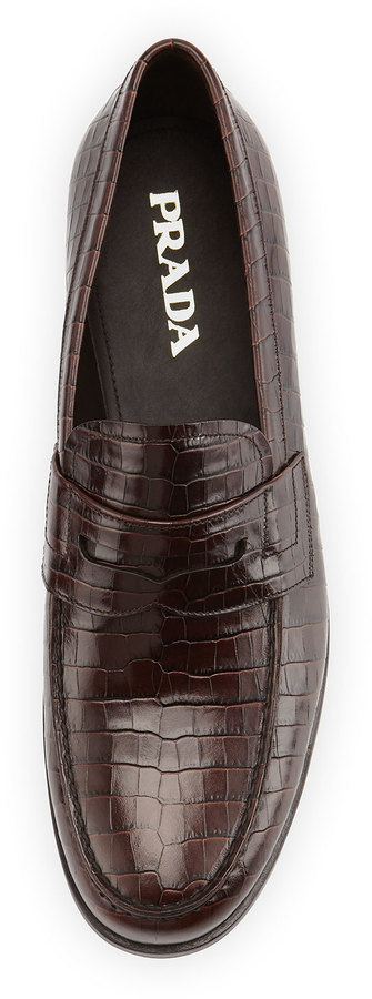 Prada Crocodile Embossed Penny Loafer Brown, $895 | Neiman Marcus |  Lookastic