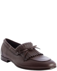 Salvatore Ferragamo Dark Brown Leather Bow Tie Fringe Detail Loafers
