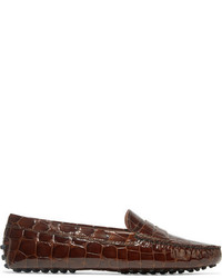 Tod's Gommino Croc Effect Patent Leather Loafers Brown