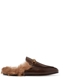 Gucci Horsebit Detailed Shearling Lined Leather Slippers Brown