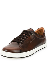 Salvatore Ferragamo Ferragamo Newport Burnished Calfskin Low Top Sneaker Brown