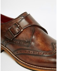 Asos Brogue Monk Shoes In Brown Leather