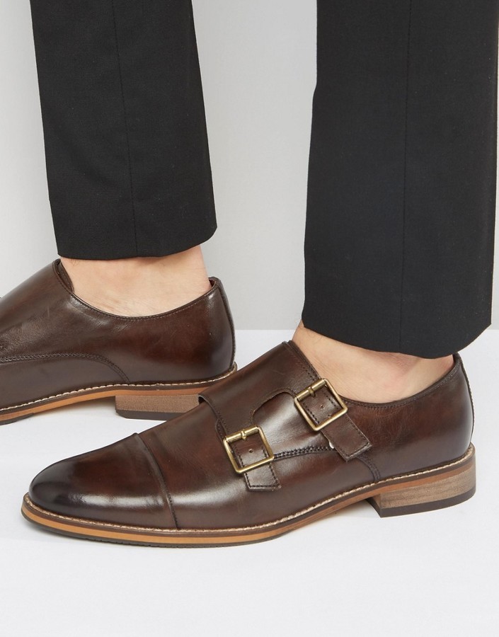 Asos Monk Shoes In Brown Leather With 