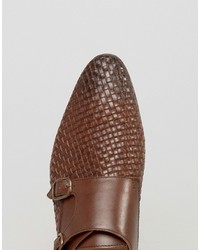 Asos Monk Shoes In Brown Leather With Woven Detail