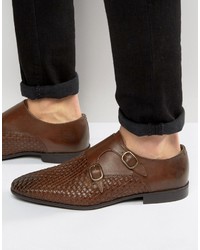 Asos Monk Shoes In Brown Leather With Woven Detail
