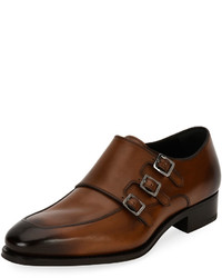 Salvatore Ferragamo Triple Monk Leather Shoe Brown