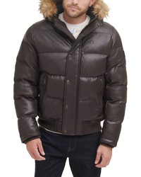 Tommy Hilfiger Faux Leather Hooded Puffer Bomber Jacket In Dark Brown At Nordstrom