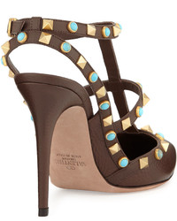 Valentino Rockstud Cabochon Leather Caged Pump Brown