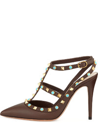 Valentino Rockstud Cabochon Leather Caged Pump Brown