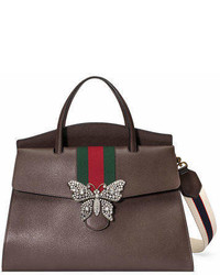 Gucci Linea Totem Large Leather Top Handle Bag With Butterfly Web Strap