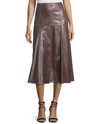 Halston Heritage Leather Godet Midi Skirt Dark Taupe