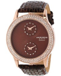 Akribos XXIV Ak569br Lady Diamond Dual Time Leather Strap Watch