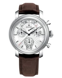 Bulova Accutron Watch Swiss Chronograph Amerigo Brown Leather Strap 44mm 63c108