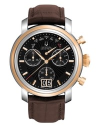 Bulova Accutron Watch Swiss Chronograph Amerigo Brown Leather Strap 44mm 65c109