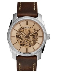 Fossil Machine Skeleton Dial Automatic Leather Strap Watch 42mm