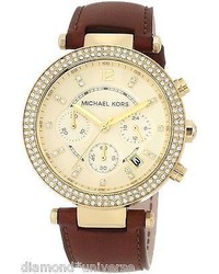 Michael Kors New Michl Kors Mk2249 Chronograph Gold Brown Leather Strap
