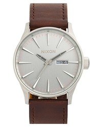 Nixon The Sentry Leather Strap Watch 42mm Silver Brown