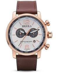 Brera Orologi Dinamico 14k Rose Gold Ionic Plated Stainless Steel Watch With Dark Brown Leather Strap 44mm