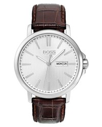 BOSS Round Emed Leather Strap Watch