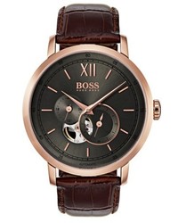BOSS Signature Automatic Leather Strap Watch 44mm