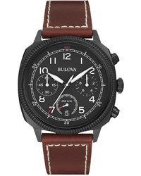 Bulova Uhf Chronograph Military Brown Leather Strap Watch 43mm 98b245