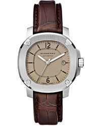 Burberry Watch Swiss Automatic The Britain Dark Brown Alligator Leather Strap 43mm Bby1201