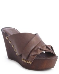 Charles David Dark Brown Leather Weave Detail Um Wedge Sandals