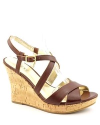 GUESS Pernella Brown Peep Toe Leather Wedge Sandals Shoes