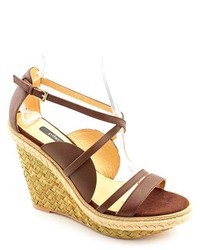Pilar Abril Ornella Brown Open Toe Leather Wedge Sandals Shoes
