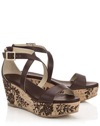 Jimmy Choo Portia 70 Dark Brown Leather With Lace Lasered Cork Wedges