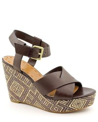 Tahari Stevie Brown Open Toe Leather Wedge Sandals Shoes