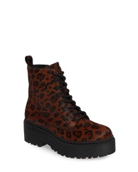 Dark Brown Leopard Leather Lace-up Flat Boots