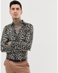 Devils Advocate Slim Fit Cotton Leopard Print Log Sleeve Shirt